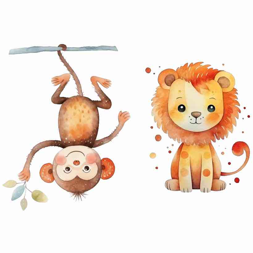 Set of watercolor cute baby african animals isolated on white background.