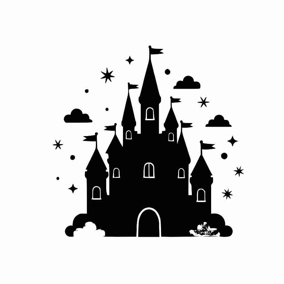 Fairytale Magic Castle Silhouette with Stars and Clouds Fantasy Kingdom Vector