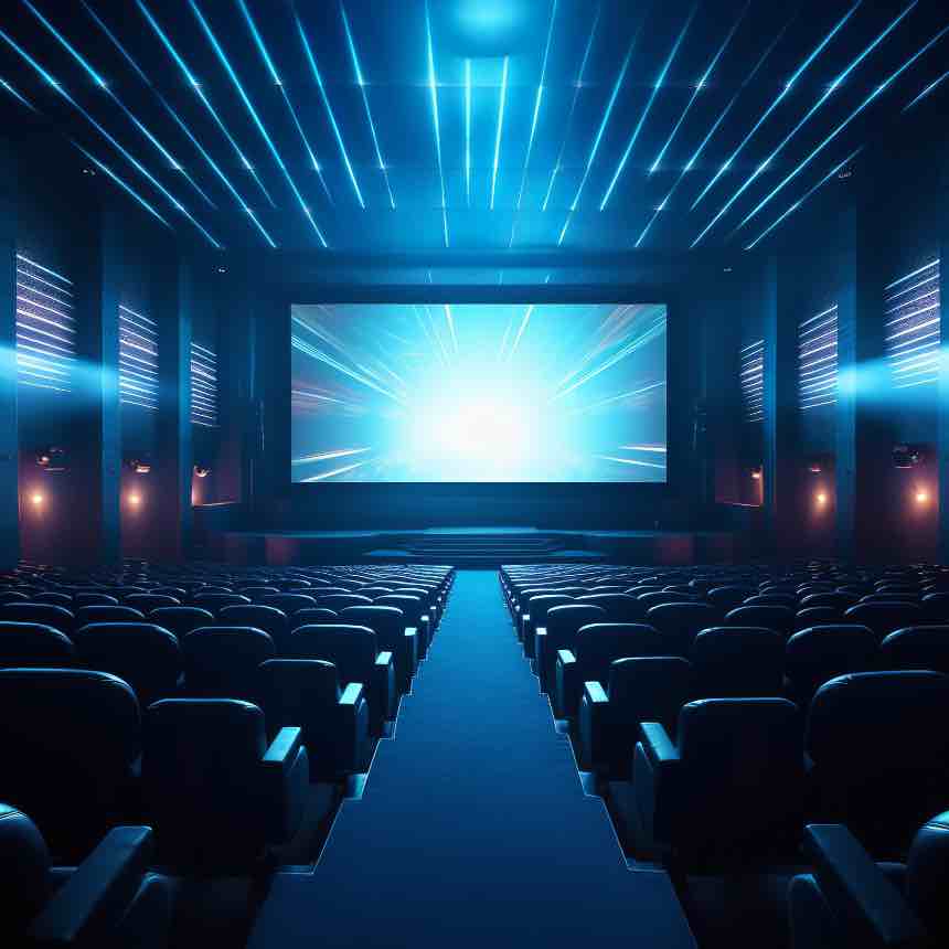 A modern multiplex cinema featuring state-of-the-art digital screens and a contemporary design - serving as a futuristic entertainment hub.